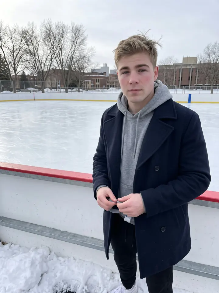 Jens, AI character: the outdoor campus rink in Minnesota just after practice, rink boards and bare winter trees behind him
