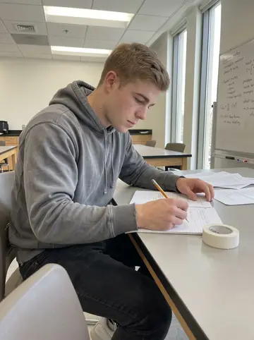 Jens, AI character: a quiet physics lab study room on campus, whiteboard and scattered problem sets behind him