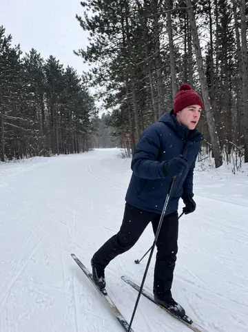 Jens, AI character: a groomed cross-country ski trail outside Minneapolis with dark pines and fresh snow