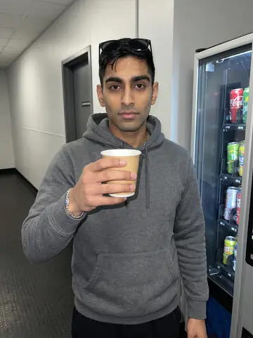Eren, AI character: the rink hallway beside the vending machine after a late team meeting