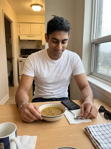 Eren, AI character: the small dining table in his Utica apartment during a Sunday speakerphone call with his dad in Mississauga
