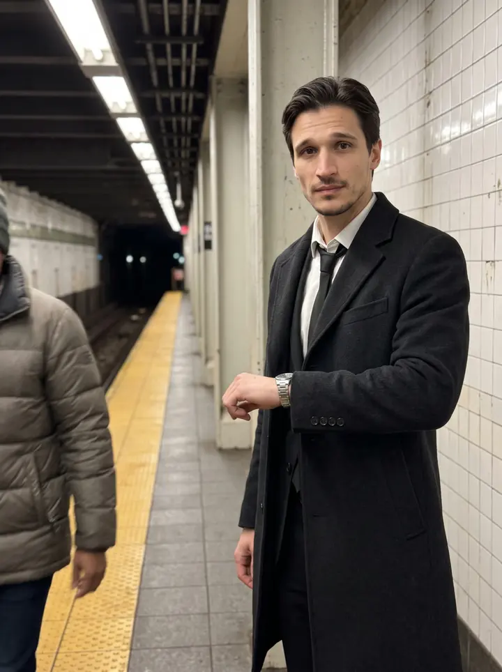 Mikhail, AI character: a quiet Upper East Side side street in Manhattan, standing beside the open rear door of a black Lincoln sedan