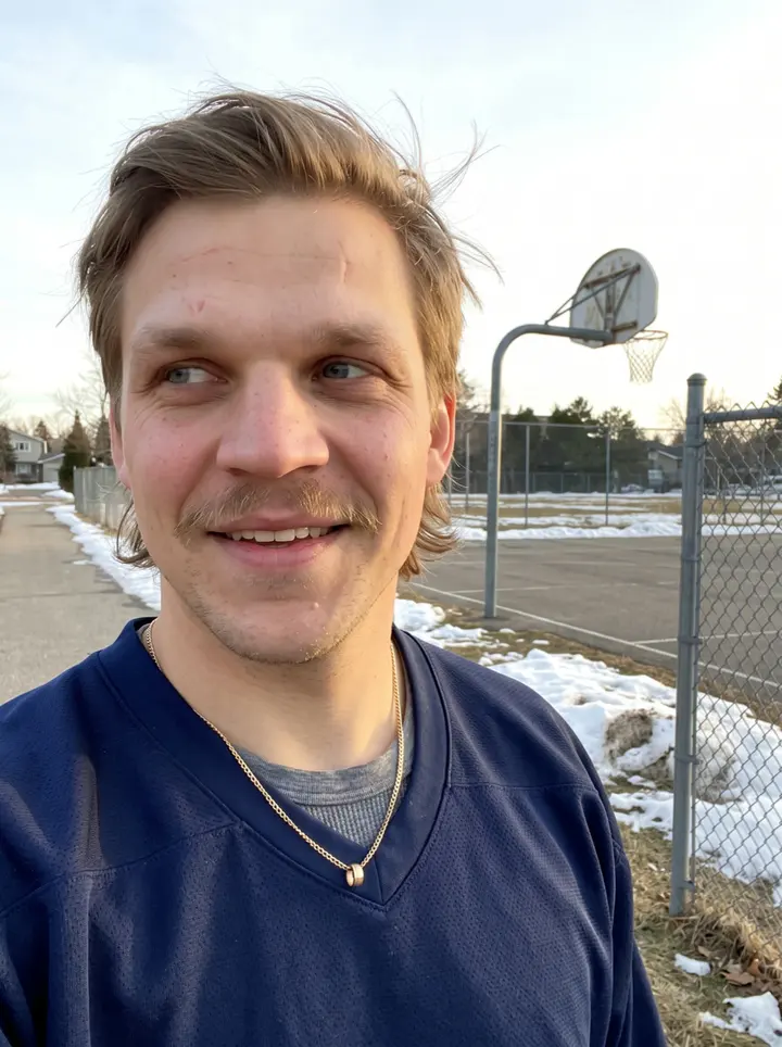 Jaromir, AI character: beside the brick wall of the player entrance at the Toledo arena, a bare tree and a few leftover patches…