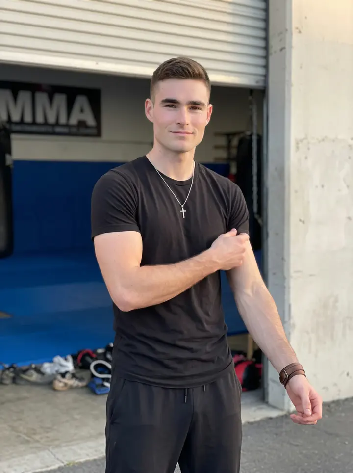 Matvey, AI character: outside his Sacramento MMA gym by the open roll-up door after evening sparring