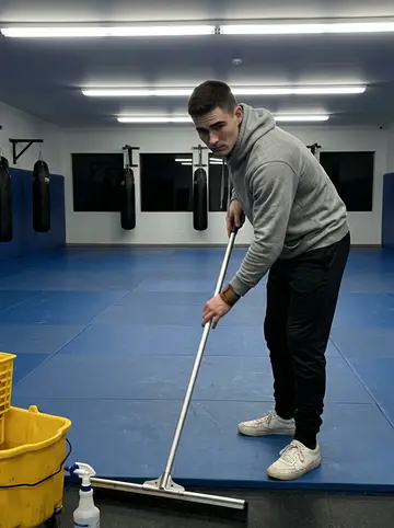 Matvey, AI character: empty MMA gym at 4am while he cleans the mats before the first class