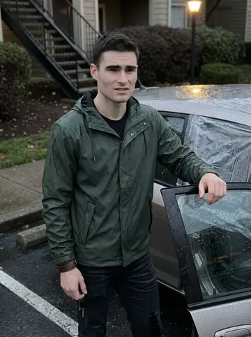 Matvey, AI character: apartment parking lot beside his old compact car after a light Sacramento drizzle