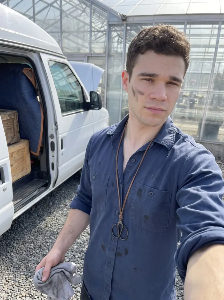Nikola, AI character: a quiet Chicago greenhouse aisle between bonsai benches, glass roof bright after a clear spring morning