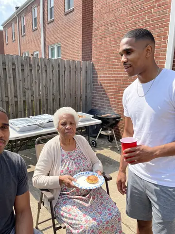 Malik, AI character: a backyard cookout behind a West Baltimore rowhouse at night, a grill smoking and friends' shapes in the…