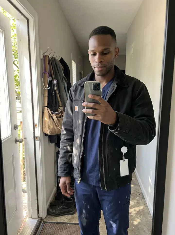 Xavier, AI character: the edge of a hospital staff parking lot on Atlanta's Westside in late afternoon, dry leaves on the…