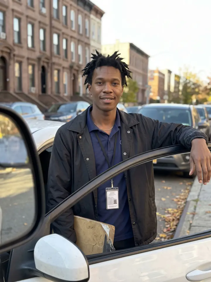 Nikhil, AI character: a Flatbush side street lined with brownstones and a few fallen leaves on the curb, standing next to the…