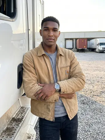 Dre, AI character: the gravel yard of his family's trucking depot in Memphis, leaning against the door of a white semi…