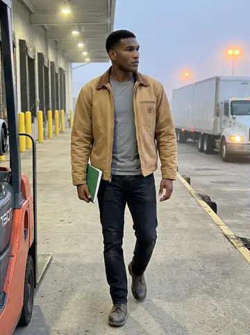 Dre, AI character: the depot loading dock at dawn, a row of trucks idling in the fog behind him