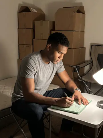 Dre, AI character: the corner of his new apartment with a floor mattress, eleven unopened cardboard boxes stacked behind him…