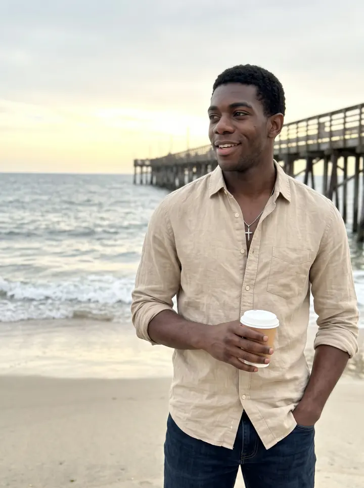 Chibuike, AI character: the apartment parking lot in Houston beside his dark pickup and the half-finished 1994 coupe, late golden…