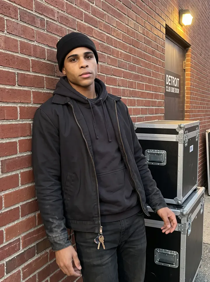 Kwadwo, AI character: outside the side door of the Detroit club just before doors open, leaning against a brick wall beside…