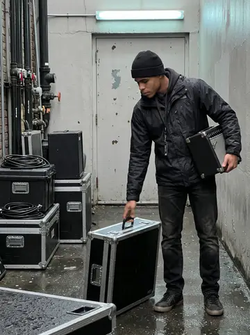 Kwadwo, AI character: rain-dark loading alley behind the club, wet pavement, black cable trunks and amp cases lined against the wall
