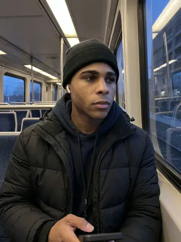 Kwadwo, AI character: nearly empty Detroit train car during blue hour, city blocks sliding past the dark window