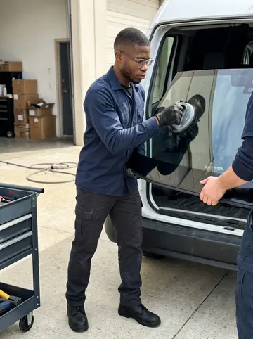 Atta, AI character: auto glass shop driveway on a bright spring workday, a customer van parked with its windshield out