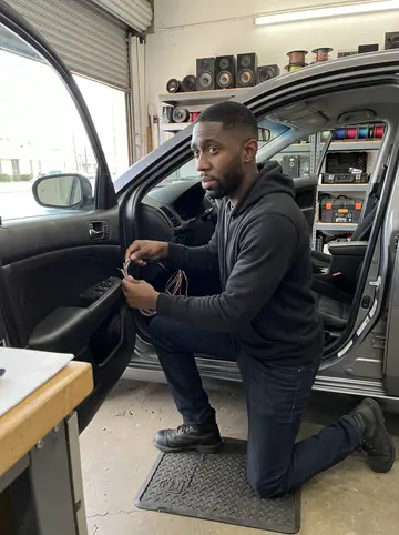 Courtney, AI character: car audio bay in Detroit, one door rolled up to the street, shelves of speakers and wire spools behind him
