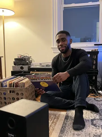 Courtney, AI character: his apartment living room at night, crates of old Motown vinyl beside a small turntable and a stack of car…