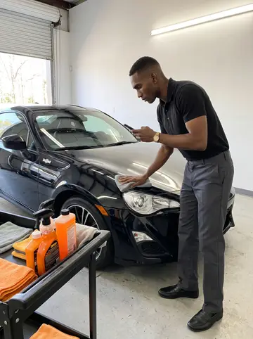 Tyreke, AI character: inside the bright detail bay of his Atlanta shop, orange wax bottles and microfiber towels on a rolling…