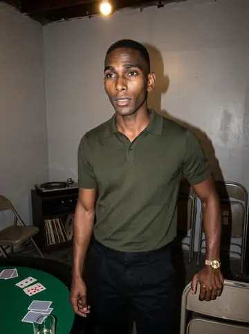 Tyreke, AI character: the private back room behind the detail shop after closing, green felt table, folding chairs and a low…