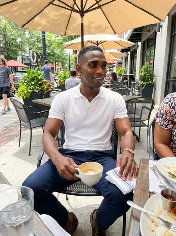 Tyreke, AI character: a sunny Atlanta brunch patio after church, a half-full coffee cup and folded napkin on the table, his aunt…