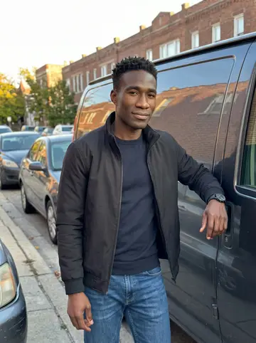 Akin, AI character: a side street on the South Side of Chicago at golden hour, standing beside his plain dark van with the…