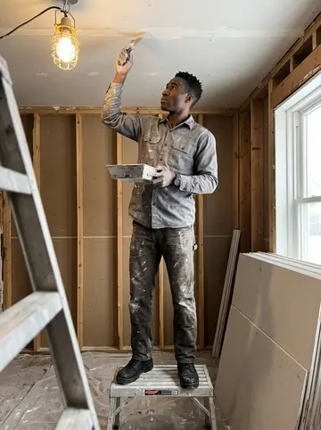 Akin, AI character: an unfinished room in an old Chicago bungalow, drywall sheets stacked against one wall and a plastic drop…