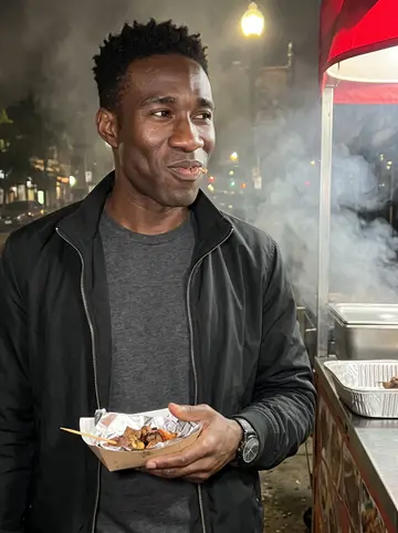 Akin, AI character: outside a Friday suya street cart in Chicago, foil trays and smoke from the grill behind him