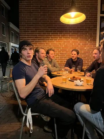 Joost, AI character: the terrace of a bar by the Haven in Breda late on a warm night, a small round table with two glasses of…