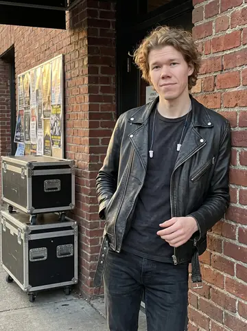 Pieter, AI character: outside the mid-size Portland venue before doors, leaning against the brick wall beside stacked black…