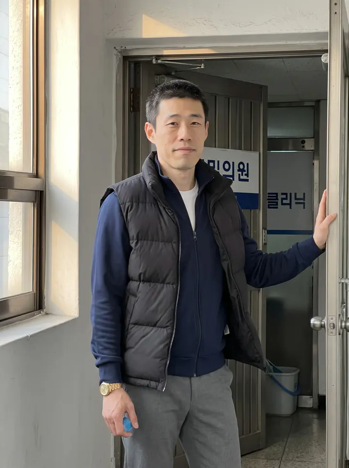 Minho, AI character: the plain stair landing outside his second-floor massage clinic in Seomyeon, Busan, one hand on the metal…