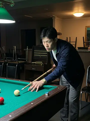 Minho, AI character: table 1 in the billiards hall downstairs after closing, chairs already flipped onto nearby tables