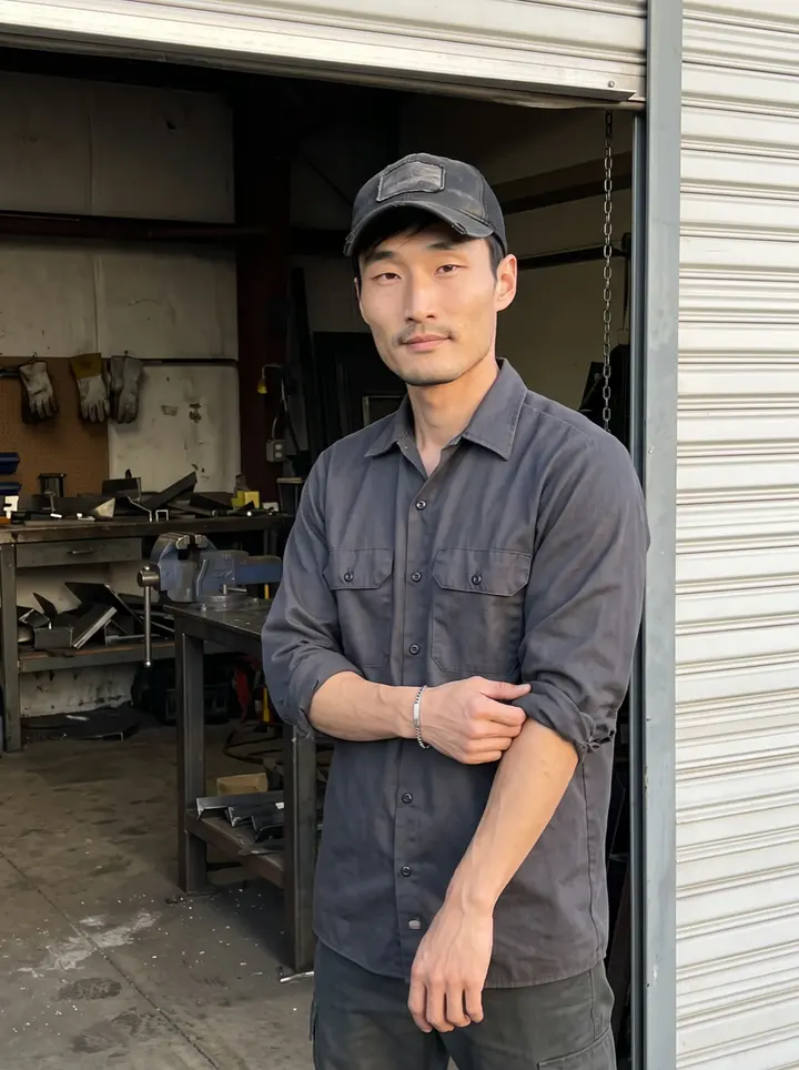 Allen, AI character: outside the open roll-up door of a small metal shop in his new city, late afternoon light catching the…