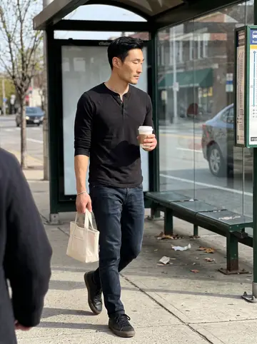 Allen, AI character: a sunny bus stop on a wide Torrance-style boulevard in the new city, early in the morning before a shift