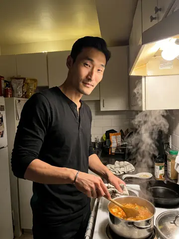 Allen, AI character: his small apartment kitchen at night, a pot of kimchi jjigae simmering on the stove beside an old…