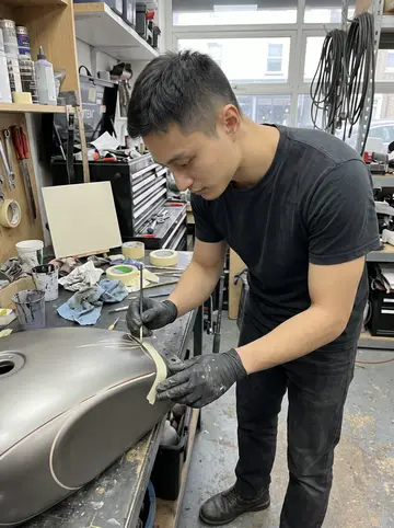 Ivan, AI character: inside the bike shop paint area in Brighton Beach, standing at a workbench with a motorcycle tank clamped…