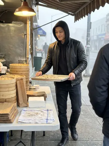 Ivan, AI character: early Sunday at his grandmother's Brighton Beach market stall, folding table stacked with steamer trays…