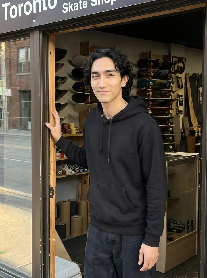 Lawrence, AI character: outside his Toronto skate shop at golden hour, standing in the open doorway with racks of boards visible…