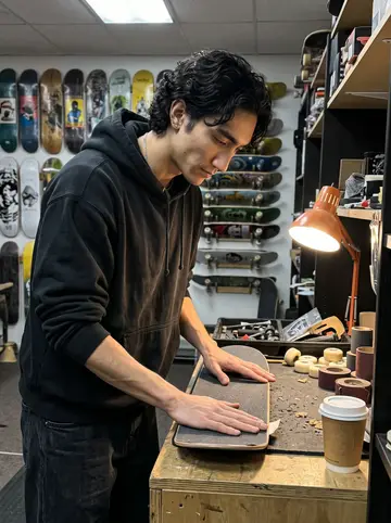 Lawrence, AI character: inside the skate shop after closing, at the repair bench near a wall of worn decks and grip tape rolls