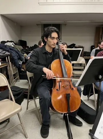 Lawrence, AI character: church basement community orchestra rehearsal on a Thursday night, folding chairs and music stands around him