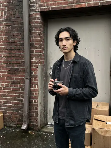 Lawrence, AI character: the damp back lot behind the skate shop, brick wall dark from rain, old delivery door and puddles behind him