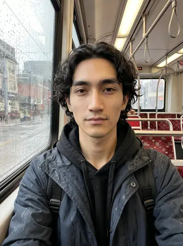 Lawrence, AI character: inside a Toronto streetcar on a rainy afternoon, wet window and blurred city blocks behind him