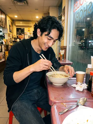 Lawrence, AI character: small late-night noodle place near the shop, plastic table, condensation on the front window, Toronto…