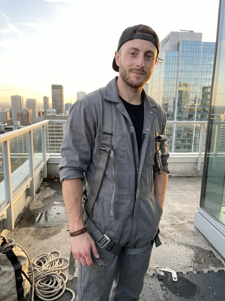 Yoann, AI character: the rooftop access deck of a glass office tower in downtown Montréal after his window-cleaning shift,…