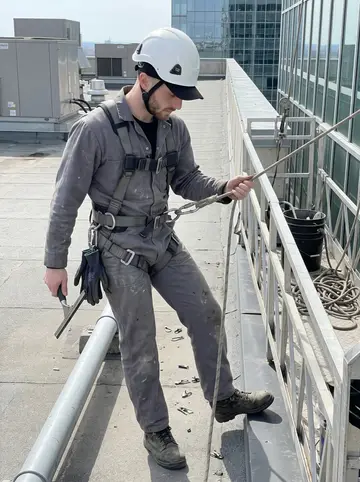 Yoann, AI character: a suspended window-cleaning platform halfway up a Montréal office building, seen from the roof staging…