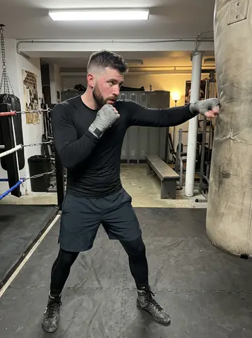 Yoann, AI character: a low-ceiling basement boxing gym in Montréal, heavy bags and scuffed mats behind him
