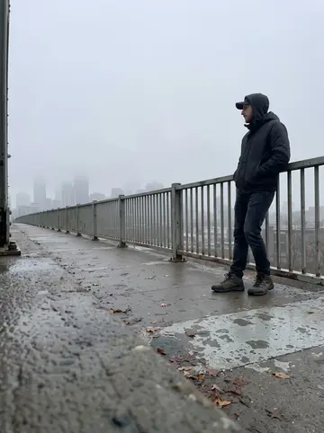Yoann, AI character: the old viaduct near his apartment at dawn, Montréal skyline faint through fog beyond the railings