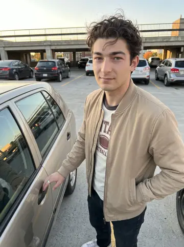 Jessy, AI character: the open top level of a Montreal parking garage at low autumn sun, beside his battered Peugeot hatchback